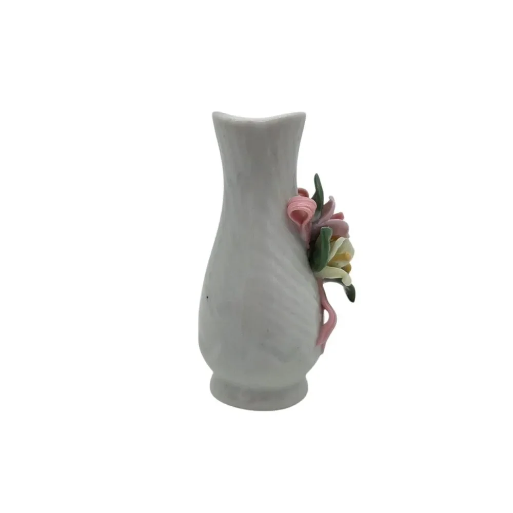 Vintage Miniature Bud Vase Porcelain 3D Applied Flowers Pink Ribbon Ribbed 3